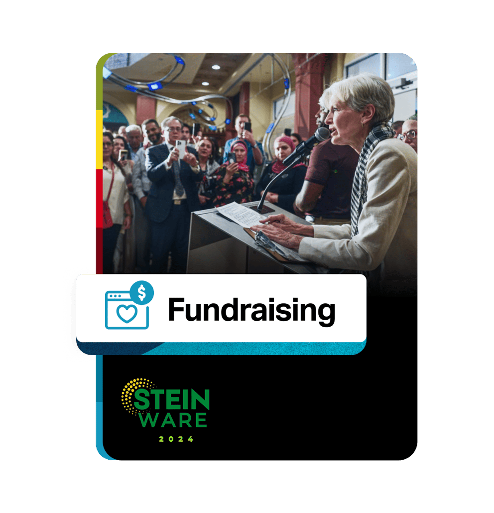 Presidential candidate Jill Stein speaking to supporters at a press conference, with an overlay of the Fundraising feature.